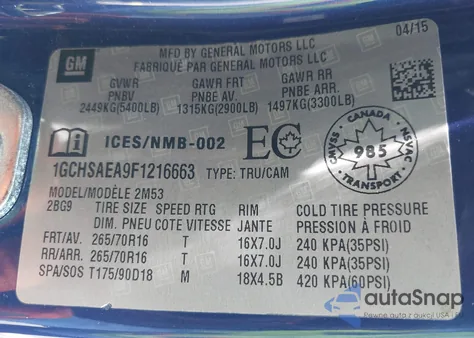 2015 Chevrolet Colorado Wt from USA, damaged, VIN 1GCHSAEA9F1216663